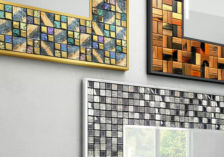 Colorful mosaic frames on a mirror TV are installed on the white wall.