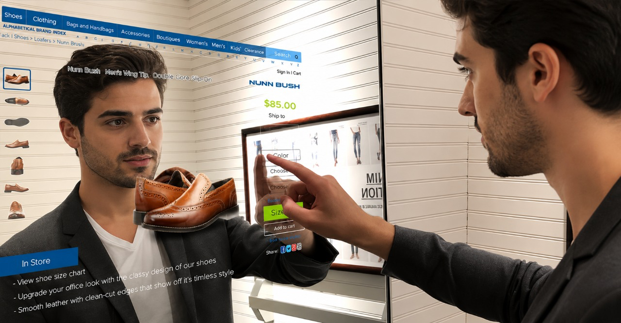 An automated mirror touch screen for a shoe salon.
